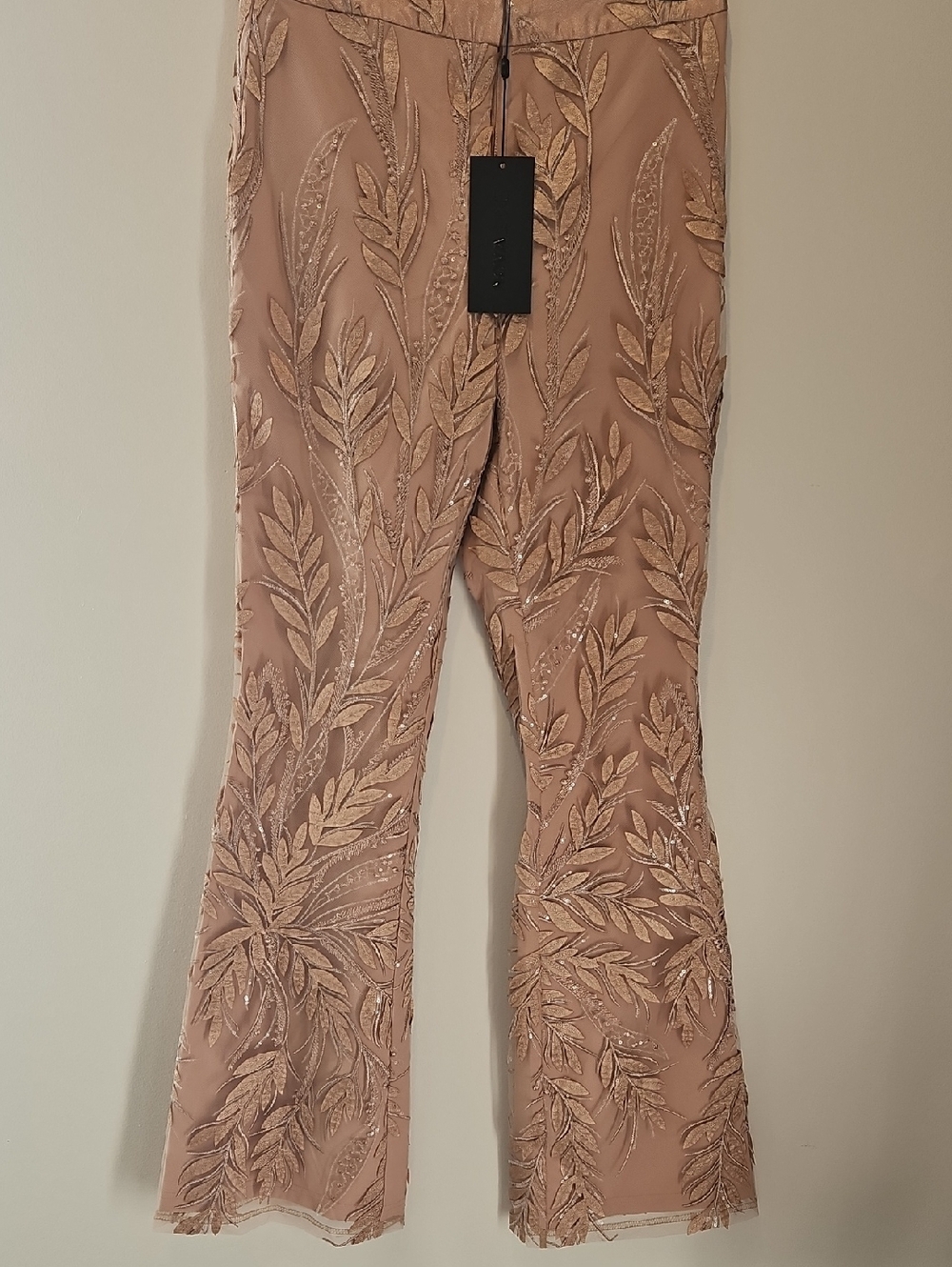 Fashion Nova Rose Gold Embroidered Flare Pants